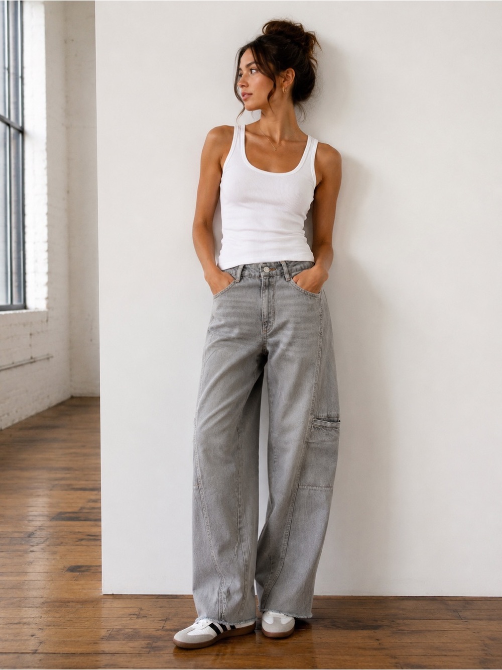 Zara Grey Washed Baggy Carpenter Barrel Wide Leg Jeans - 4
